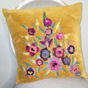 Anthropologie Embroidered Floral Velvet Pillow 20" X 20"